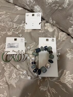 Mixed Green and Gray Beaded Stretch Bracelet by I am